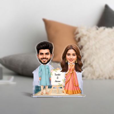 Personalized Indian Couple Bobblehead Caricature with Battery Powered Shaking Head Feature Custom Couple Cartoon Face Cutout Wedding Gift for Friends, Brother, Sister & Colleagues